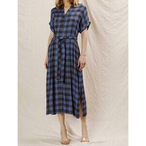 NEW EN CREME plaid button down belted shirt dress in blue/ black